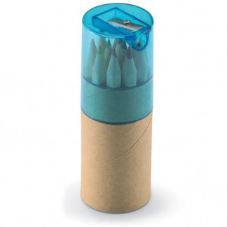12 petits crayons de couleur + taille-crayon dans tube en carton publicitaire - Bleu - LAMBUT