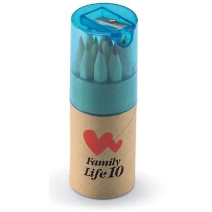 12 Petits Crayons De Couleur + Taille Crayon Dans Tube En Carton Publicitaire Bleu Avec Marquage LAMBUT