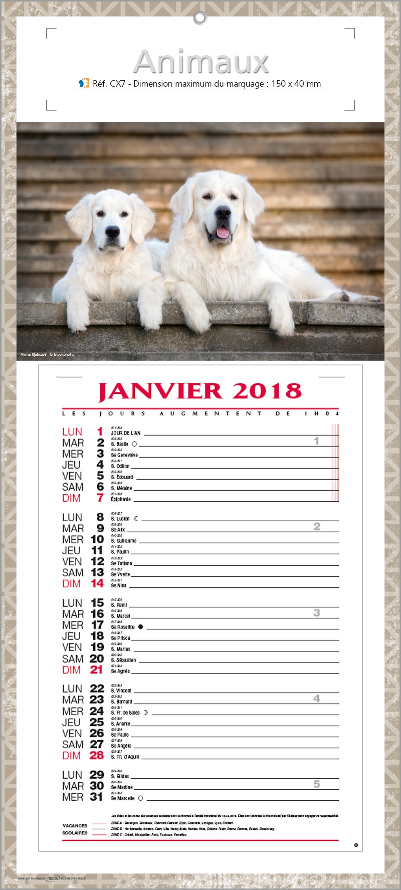 Bloc calendrier mensuel personnalisé avec 1 visuel - 19,5x43,3cm