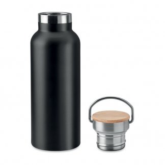 Bouteille isotherme personnalisable de 500ml en inox et bambou - Noir ouvert - HELSINKI