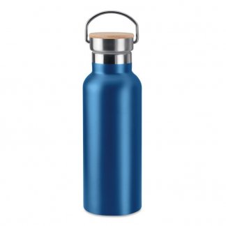 Bouteille isotherme publicitaire de 500ml en inox et bambou - Bleu - HELSINKI