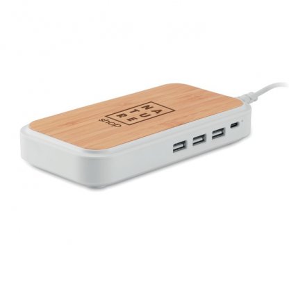 Chargeur Sans Fil Par Induction Avec Hub USB En Bambou Et ABS Personnalisé Avec Marquage OYAMA