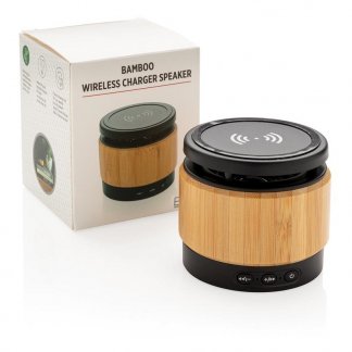 Enceinte publicitaire bluetooth avec chargeur induction en bambou packaging - 3W - ROUND SOUND