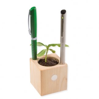 Kit de plantation personnalisé dans cube en bois avec porte stylos - Aimant - CUBE BOIS DE BUREAU
