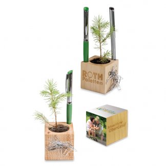 Kit de plantation publicitaire dans cube en bois avec porte stylos - CUBE BOIS DE BUREAU