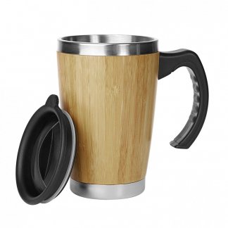 Mug personnalisable double paroi avec poignée en bambou - 330ml - Ouvert - BATCH