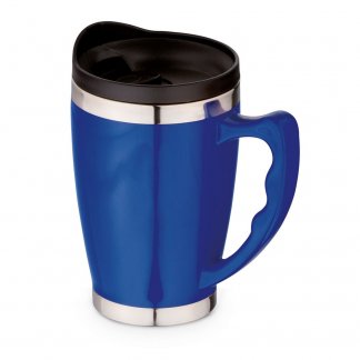 Mug publicitaire double paroi avec couvercle en acier inoxydable - 410ml - Bleu - RAJANI