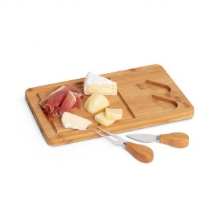 Plateau à fromage personnalisable en bambou et 2 ustensiles en inox - présentation - FROMBAMB