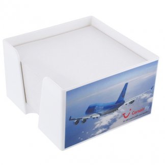 Porte-bloc note cube publicitaire en plastique polystyrène cristal - blanc avec marquage quadri - CLASSIC