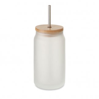 Gobelet promotionnel réutilisable en verre avec couvercle en bambou et paille en inox - 400ml - JARBLIM
