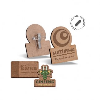 Badge sur-mesure promotionnel en bois MDF avec pince-épingle - PINCO XL