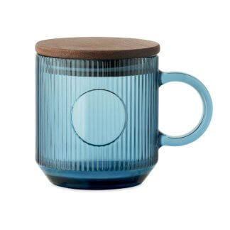 Mug en verre strié publicitaire avec couvercle en bois d'acacia - 300ml - VITRIO MUG